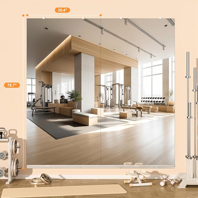 Hasipu Home Gym Mirror, 79"x36" Each, 2-Pack Frameless Wall Mounted Mirrors with Glass Clamps & 1 Aluminum Rail, Large Body Mirror for Home Gym, Yoga Studio, Bedroom, Silver Tempered Glass