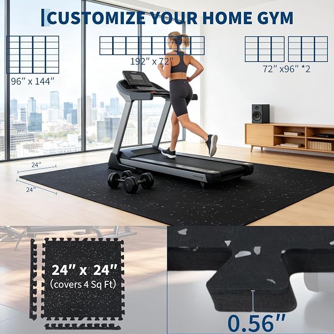 0.56" Thick 96 Sq ft Exercise Equipment Mats,24 Tiles Rubber Interlocking Puzzle Gym Flooring with High Density EVA Foam for Home Gym, Heavy Weight Workout, 24 x 24in Black/Grey