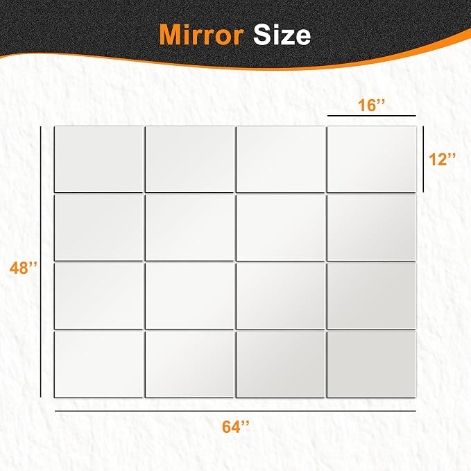Home Gym Mirror Tiles, 16x12'', 16-Piece, Large Square Workout Mirrors | Full Body Wall Mirror, For Garage, Bedroom, Bathroom