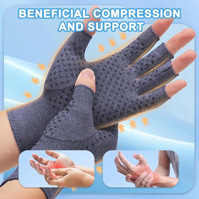 DRNAIETY 2-Pair Arthritis Compression Gloves- for Hand Arthritis, Carpal Tunnel Pain, Rheumatoid Arthritis, RSI, Fingerless, Anti-Slip, Breathable Gloves for Men & Women, Typing, Daily Use(M Blue)
