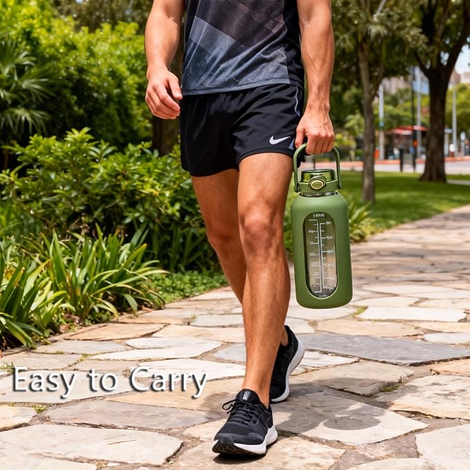 74 oz Glass Water Bottle with 2-in-1 Straw Lid Large Gallon Water Bottle with Time Marker & Removable Silicone Sleeve,Wide Mouth BPA-Free Borosilicate Bottle for Gym, Workout & Daily Use