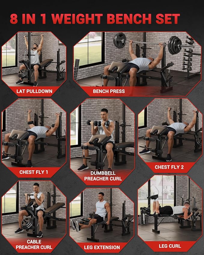 8-in-1 Weight Bench Set for Home Gym, Foldable Workout Benchs | With Preacher Curl Pad, LAT Pulldown and Leg Extension Leg Curl, Bench Press for Full Body Exercise