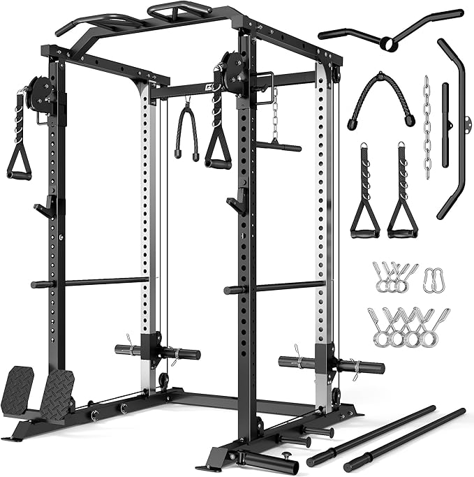 DP01 Power Cage, 2000LBS Squat Rack with Cable Crossover and Dual Independent Pulley System, Full Cage for Full Body Training, Power Rack with More Training Attachments for Home Gym