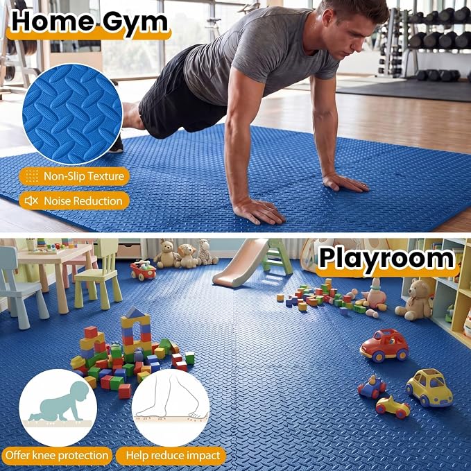 Tangkula 36 Tiles Exercise Flooring Mats with Border, Non-Slip EVA Foam Protective Mats, Elastic Puzzle Play Mats, 1/2" Interlocking Floor Mats for Home Gym, Fitness Room (Blue)