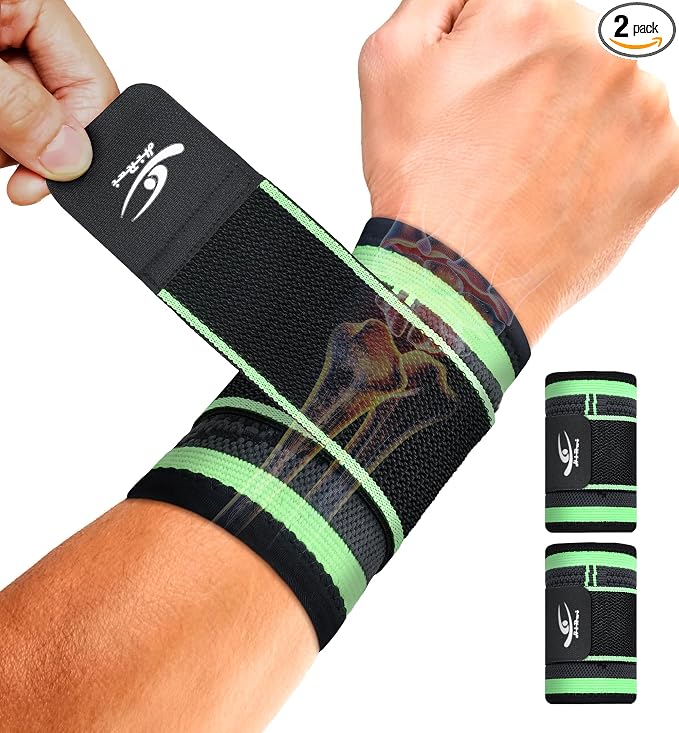 HiRui Wrist Brace Wrist Wraps Compression Wrist Strap, Wrist Support for Work Fitness Weightlifting Sprains Tendonitis, Carpal Tunnel Arthritis, Pain Relief, Adjustable Wristbands 2 PACK (Green, L)