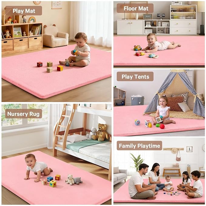 Baby Play Mat for Floor,Ultra Thick Elastic Foam 74"x50" Playmat Tummy Time Muscle Crawling Exercise Activity Cushion Gym Mat Nursery Playroom Area Kids Rug for Babies, Toddlers,Infants,Pink