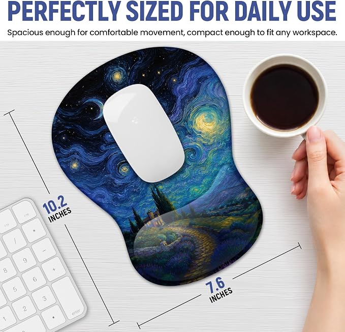 Ergonomic Mouse Pad with Wrist Rest, Gel Wrist Support, Starry | 10.2 x 7.6 in Mouse Pad with Smooth Fabric Surface and Non-Slip Rubber Base for Office, Home, Study, and Gaming