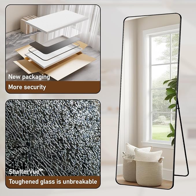 BEAUTYPEAK 71" x 32" Rounded Corner Full Length Mirror with Stand, Black | Aluminum Alloy Frame with Standing, Leaning, or Wall-Mounted, Ideal for Bedroom, Dressing Room, Entryway, and Living Room