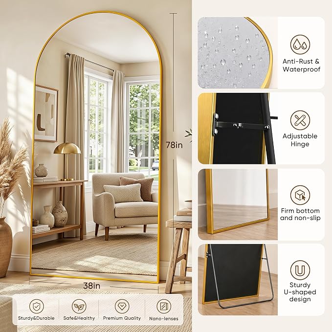 Full Length Mirror, 78"x38" Arched Floor Mirror Freestanding, Floor Standing Full Body Mirror with Stand for Bedroom, Hanging Mounted for Living Room Cloakroom, Gold