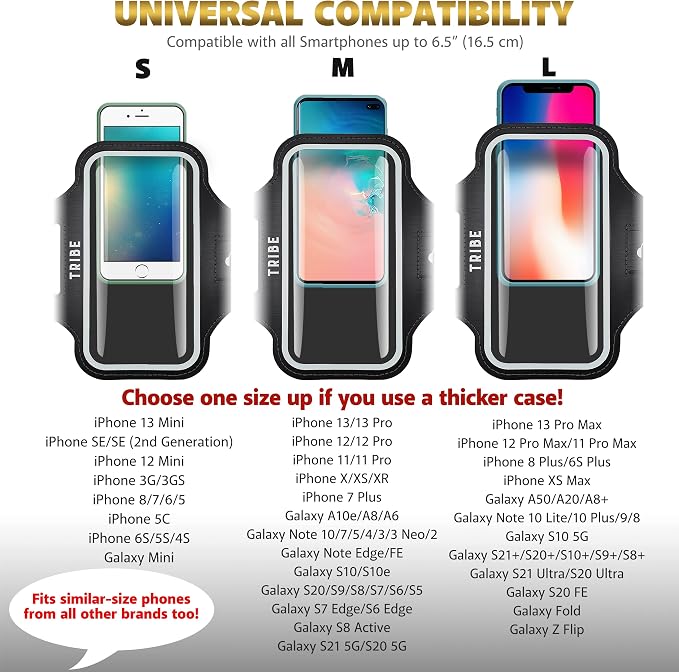 TRIBE Water Resistant Cell Phone Armband Case Running Holder for iPhone Pro Max Plus Mini SE (13/12/11/X/XS/XR/8/7/6/5) Galaxy S Ultra Plus Edge Note (21/20/10/9/8/7/6/5) Adjustable Strap & Key Pocket