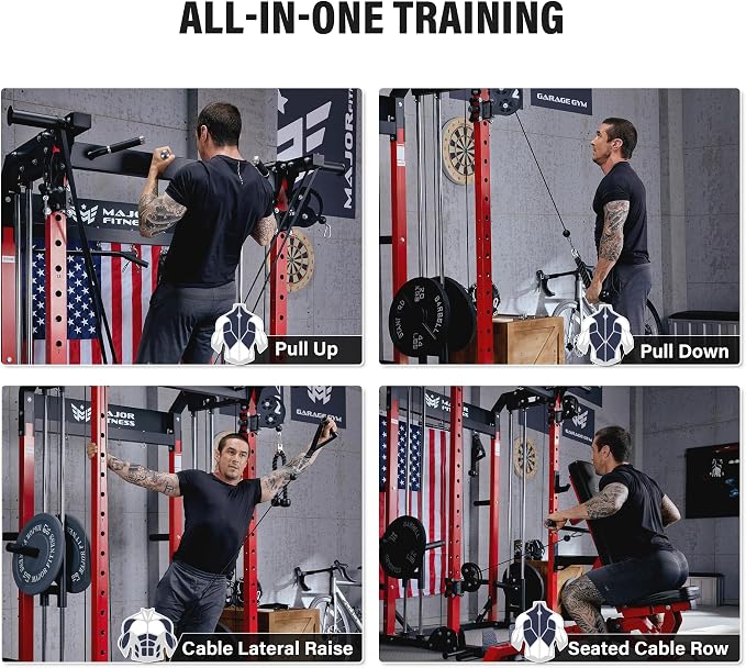MAJOR FITNESS F22 Power Rack, 1600lbs All-in-One Squat Rack with Dual Pulley System, Heavy-Duty Steel Frame, Attachments & Storage for Home Gym Strength Training