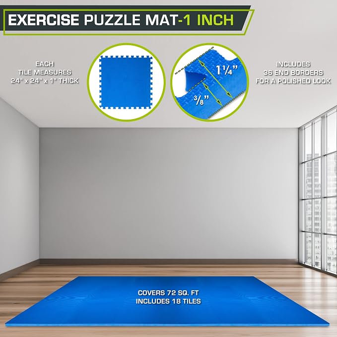 ProsourceFit Weaved Pattern Extra Thick Exercise Puzzle Mat 1-inch, EVA Foam Interlocking Tiles for Protective, Cushioned Flooring for Home and Gym Equipment; Blue, 72 SQ FT, 18 Tiles