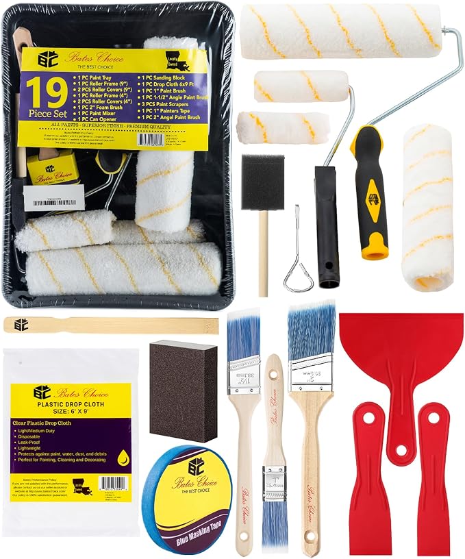 Bates- Paint Roller Kit, 19 pcs, Roller Set with Microfiber Sleeves & Frame | for Walls, Cabinets, Interior and Exterior Painting