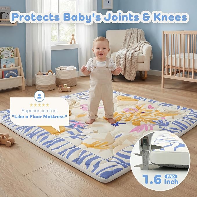 1.6" Thick Baby Play Mat, 50x50 Removable & Machine Washable Cover | Padded Memory Foam, Non-Slip Backing, 100% Baby-Safe Materials, Tummy Time Crawling, Outdoor, Bedroom, Living Room, Nursery