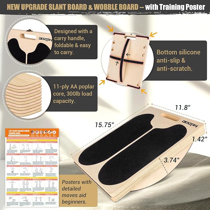 3-in-1 Slant Board & 180°/360° Balance Board, 300 LBS Capacity Calf Stretch | Training Poster, 6 Adjustable Angles, Non-Slip Calf Mobility Board for Legs, Ankles, Knees, Heels, Physical Therapy & wobble