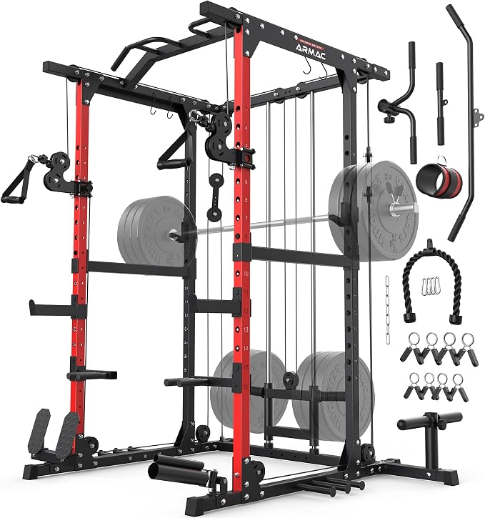 SPORTSROYALS Power Rack, Multi-Functional Power Cage, Squat Rack with Pulley System & LAT Pull Down, Workout Cage with J Hooks for Home Gym