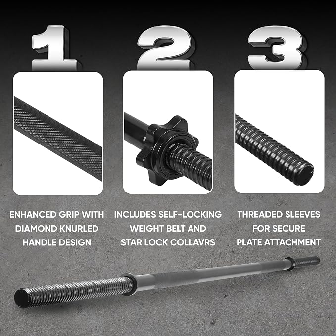 Yes4All Standard Straight Barbell 60" & EZ Curl Bar 47", Capacity 200 to 480 LB, Weight Bar 1" to 2" Diameter - Star Lock Collars, Rubber Ring, Barbell Spins Included for Deadlifts & Squats