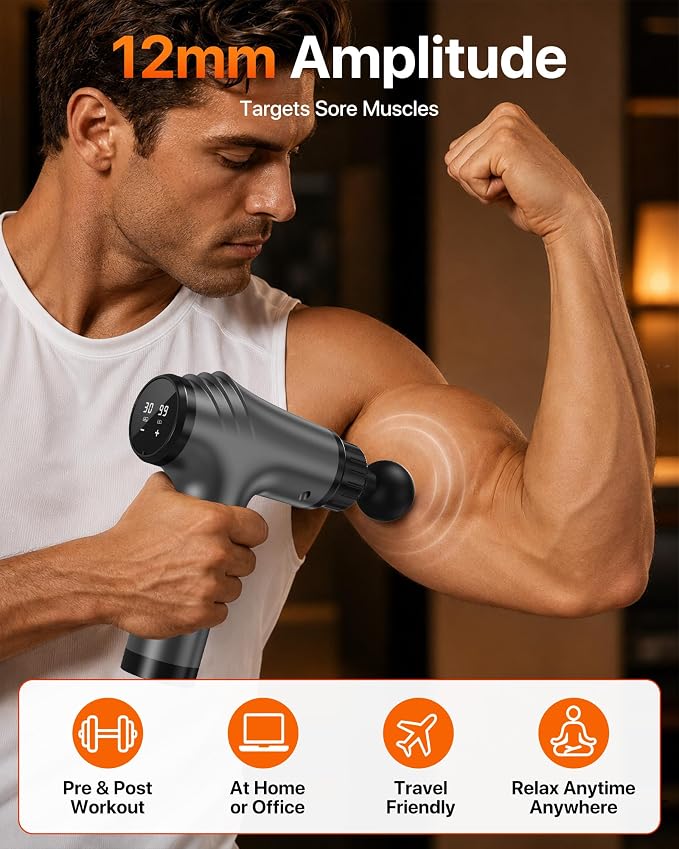 Massage Gun, 30 Speeds, 6 Heads, Quiet Deep Tissue Muscle Massager | Mini handheld percussion massager for back, neck, shoulders and body; ideal for athletes, workouts and muscle recovery.