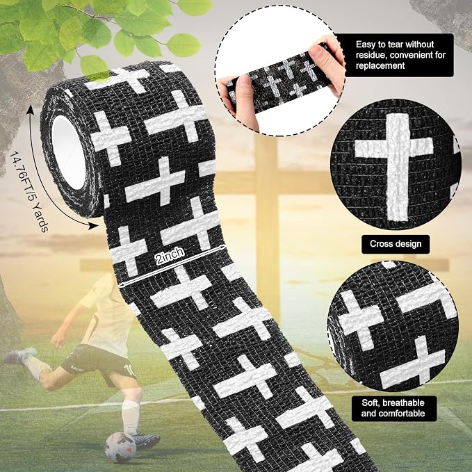 Geiserailie 12 Pack Christian Athletic Tapes 2 Inch x 5 Yards Self Adhesive Bandages Sports Wraps Breathable Elastic Wrap Non Woven Bandage for Wrist, Ankle, Baseball Football(Black)