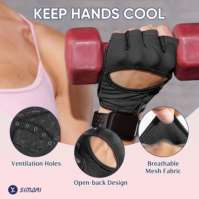 SIMARI Workout Gym Gloves for Men Women, Weight Lifting Gloves with Wrist Wrap Support, SBR Pad Grip for Full Palm Protection, for Exercise, Fitness, Dumbbells, Barbell, Climbing, Fingerless