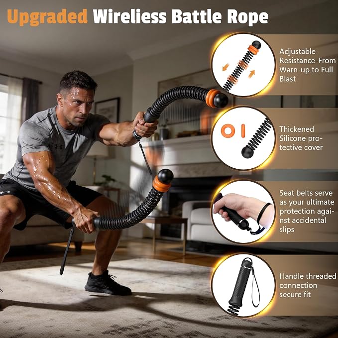 Portable Weighted Cordless Battle Ropes for Men & Women, Black | Adjustable Weights, Home Gym, Low-Noise Exercise Rope, Low-Impact Workout, Strength & HIIT