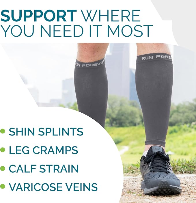 Run Forever Calf Compression Sleeve for Men & Women, 20-30mmHg Compression | Leg Sleeve for Shin Splints, Varicose Veins, Swelling & Pain Relief | Footless socks for Running, Cycling & Travel