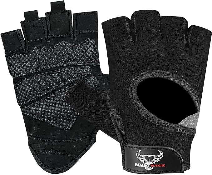 BEAST RAGE Fingerless Weight Lifting Gloves with Palm Protection Padding, Breathable Lightweight Gym Gloves for Men, Women, Weightlifting, Cycling, Exercise, Training Pull Up