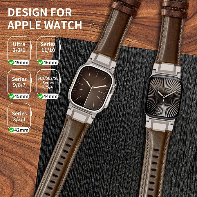 Bands Compatible with Apple Watch Ultra 3/2/1 Band 49/46/45/44mm | Genuine Leather Metal Connector Strap for iWatch Ultra Series 11/10/9/8/7/SE/6/5/4/3/2/1, Dark Brown/Titanium