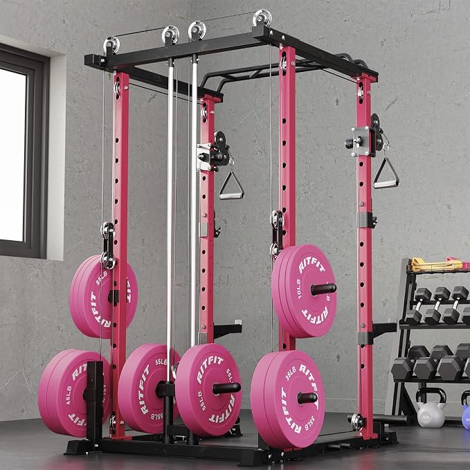 RitFit Power Cage Home Gym Package with Cable Crossover System | 1200LBS Power Rack, Weight Bench, Olympic Barbell & 230LBS Bumper Plates — All-in-One Home Gym