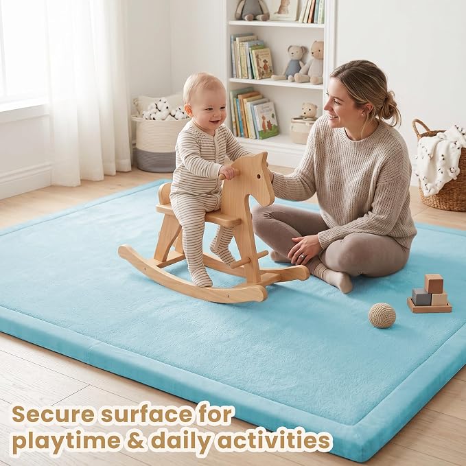 ACOMOPACK Baby Play Mat for Floor 1.3" Thick Memory Foam Play Mat 79"×118" Tummy Time Crawling with Non-slip Bottom for Living Room,Nursery,Soft Velvet Playpen Mats for Kids,Infants（Light Blue）