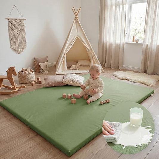 Huloo Sleep Baby Play Mat 65x50 Inches, 1.3" Thick Padded Waterproof Floor Cushion & Playpen Mat with Vegan Leather, Non-Slip & Non-Toxic Nursery Rug for Infants, Toddlers & Kids(Green)