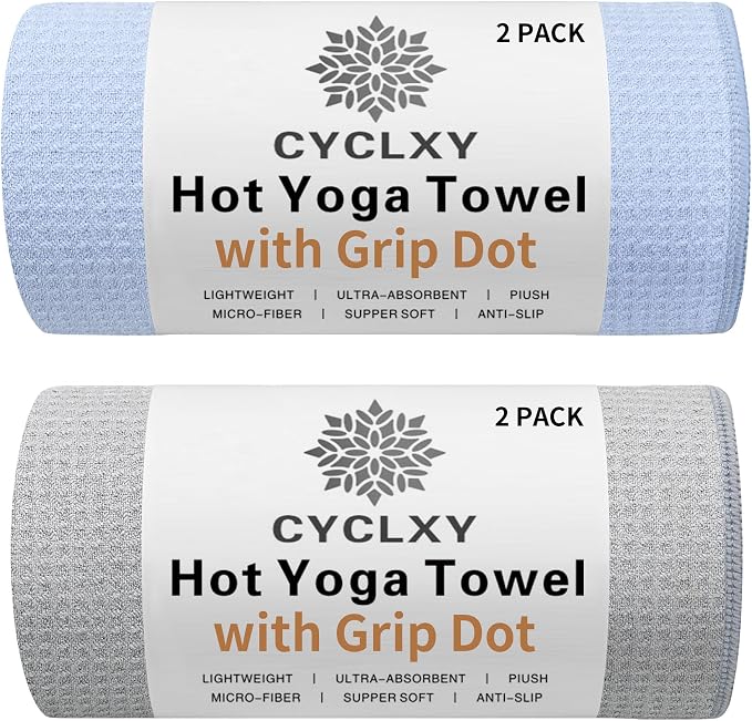 2 Pack Hot Yoga Towel with Grip Dot，Stickyfiber Yoga Mat Towels Non Slip for Hot Yoga,Absorbent Microfiber Sweat Anti-Slip Cover,Bikram,Pilates,Exercise