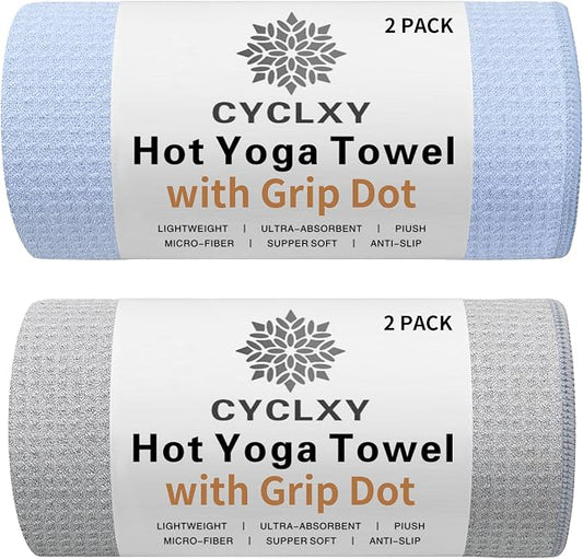 2 Pack Hot Yoga Towel with Grip Dot，Stickyfiber Yoga Mat Towels Non Slip for Hot Yoga,Absorbent Microfiber Sweat Anti-Slip Cover,Bikram,Pilates,Exercise