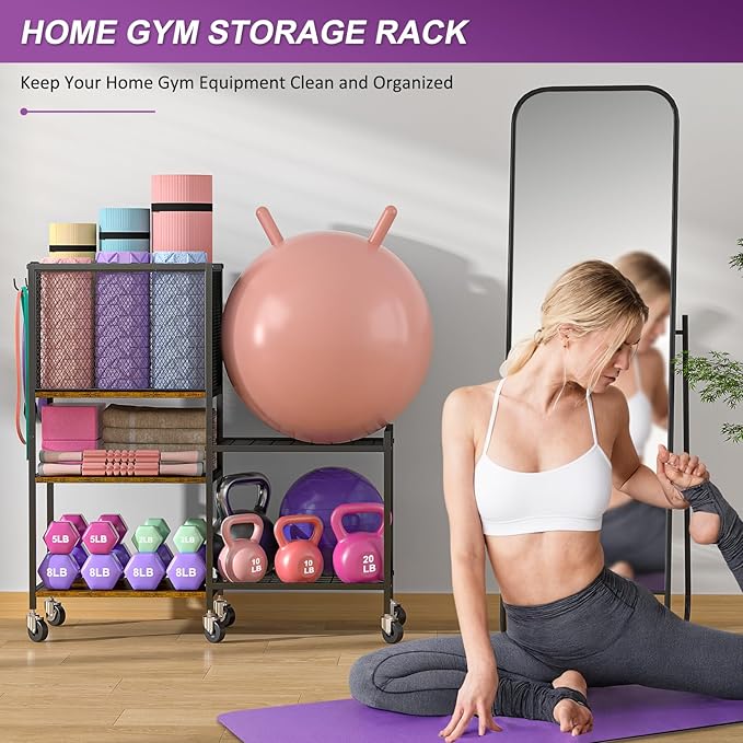 Dumbbell Rack, Yoga Mat Storage Holder, Home Gym Storage Rack, Workout Equipment Storage Organizer, Weight Storage Holder Rack with Hooks and Wheels