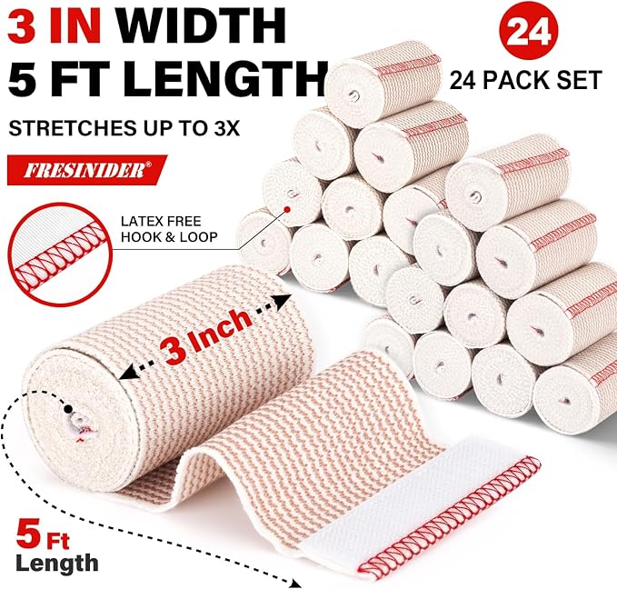FRESINIDER Premium Elastic Bandage Wrap 3 Inch, 24 Pack, Hook and Loop | Versatile 3-Inch Cotton Compression Wrap for Ankle, Wrist and Elbow; Bulk Box for Clinics, Teams and First-Aid Stations.