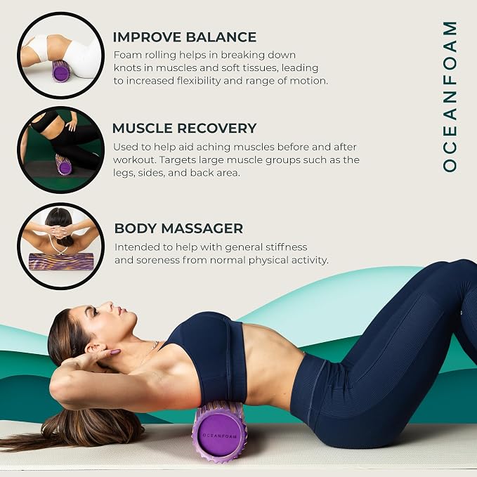 Oceanfoam Tidal Roller - Purple, Gold & Natural Marbled - Muscle Massage Foam Roller for Back Pain & Stretching - Firm & Ergonomic Wide Wave Textured - Yoga, Athletics, Wellness - Full Size, 20" x 5"