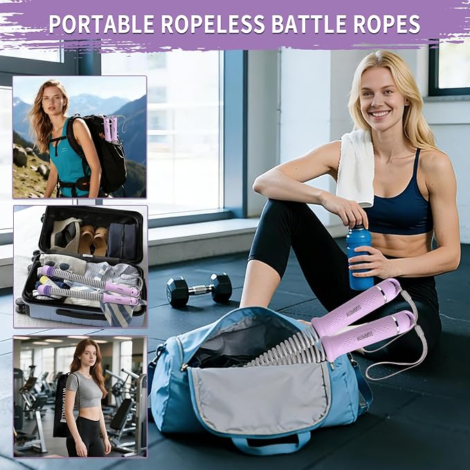 Portable Adjustable Ropeless Battle Ropes with Purple | Weighted Cordless Workout Rope with Anti-slip Handles for Low-impact Cardio, HIIT, Home Gym and Office Fitness