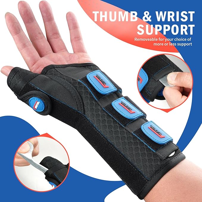 FEATOL Carpal Tunnel Wrist Brace Night Support, Thumb Spica Splint Right Hand for De Quervains Tenosynovitis, Tendonitis, Thumb Brace for Women Men, Black Blue, Small/Medium
