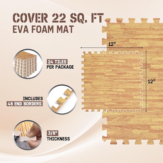 Yes4All EVA Interlocking Mats, Puzzle Floor Tiles, Foam Floor Padding with Border for Furniture, Home Space, Living Room, Garage 11,22,32 SQFT
