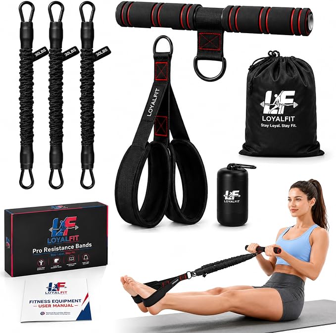 LOYALFIT Adjustable 3‑Tube Pedal Resistance Band with Handles – Foot Pedal Exercise Band for Sit‑Up, Core & Full‑Body Workouts – Portable Home Fitness Equipment + Cooling Towel