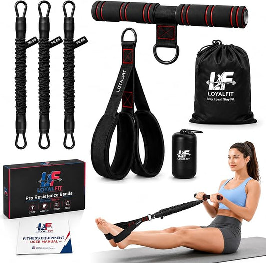 LOYALFIT Adjustable 3‑Tube Pedal Resistance Band with Handles – Foot Pedal Exercise Band for Sit‑Up, Core & Full‑Body Workouts – Portable Home Fitness Equipment + Cooling Towel