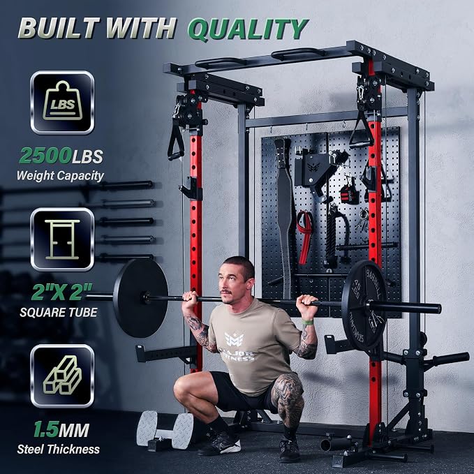 MAJOR FITNESS Drone3 Power Rack, 2500lbs Multi-Function Home Gym Squat Rack with Dual Pulley System, Pull-Up Bar & J-Hooks, Heavy-Duty Steel Frame for Maximum Stability & Strength Training