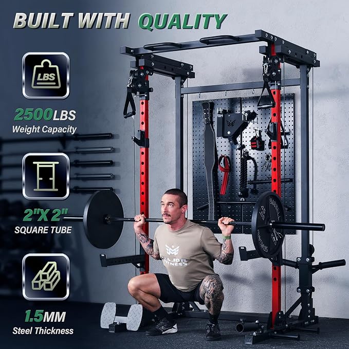 MAJOR FITNESS Drone3 Power Rack, 2500lbs Multi-Function Home Gym Squat Rack with Dual Pulley System, Pull-Up Bar & J-Hooks, Heavy-Duty Steel Frame for Maximum Stability & Strength Training