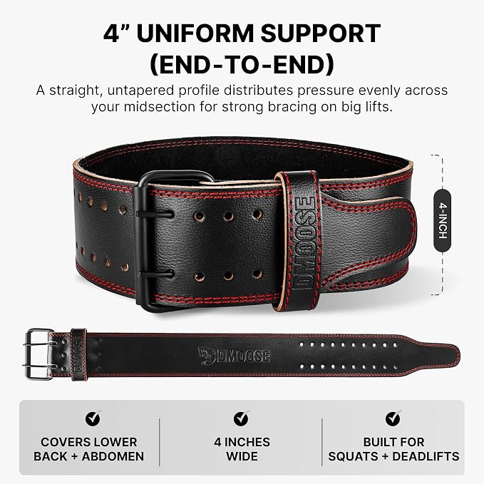 DMoose Fitness Weight Lifting Belt for Lower Back Support - 5mm Thick Genuine Leather Gym Belt for Squats, Deadlifts & Powerlifting - Double Prong Buckle with 10 Holes Adjustability for Men & Women