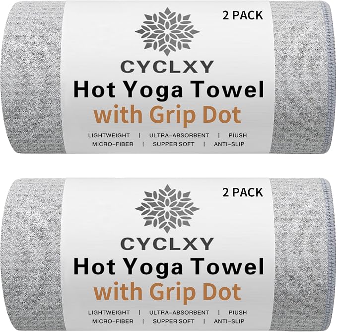 2 Pack Hot Yoga Towel with Grip Dot，Stickyfiber Yoga Mat Towels Non Slip for Hot Yoga,Absorbent Microfiber Sweat Anti-Slip Cover,Bikram,Pilates,Exercise