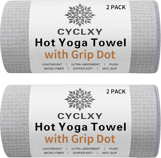 2 Pack Hot Yoga Towel with Grip Dot，Stickyfiber Yoga Mat Towels Non Slip for Hot Yoga,Absorbent Microfiber Sweat Anti-Slip Cover,Bikram,Pilates,Exercise