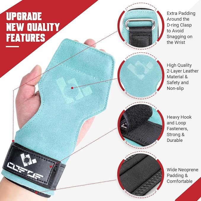 Weight Lifting Wrist Strap, Double-Layer Leather for Deadlift Powerlifting | Gym Strap with Adjustable Neoprene Padded Fit for 6.3–8 Inch Wrist, 8.07-Inch Leather Strap, Gym Workout Lifting Hook (Pair)