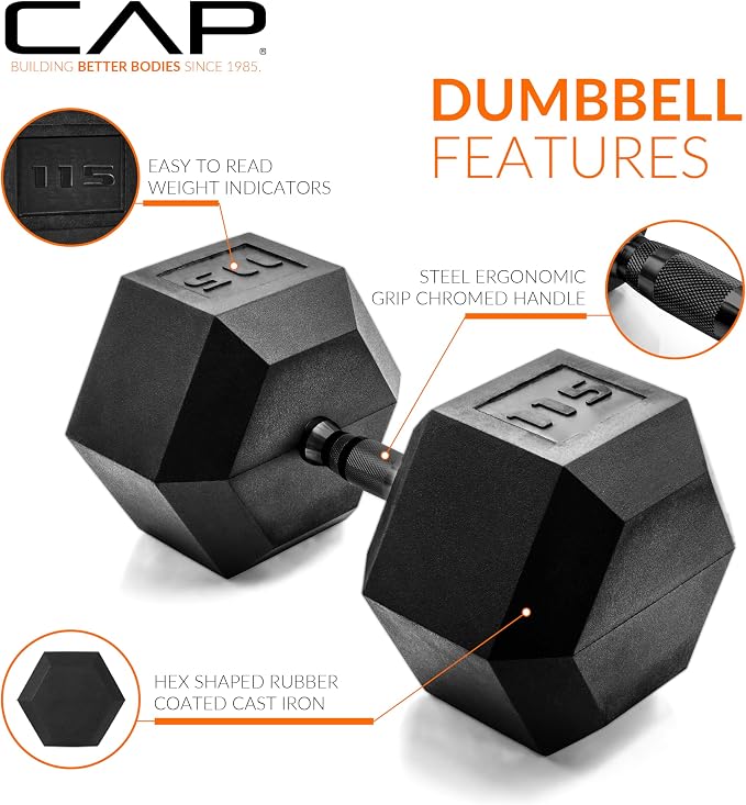CAP Rubber Coated Dumbbell Weights, Free Weights for Home Gym Strength Training, Anti-Roll Hex Dumbbells with Black, Chrome & Comfort Grip Handles, Singles