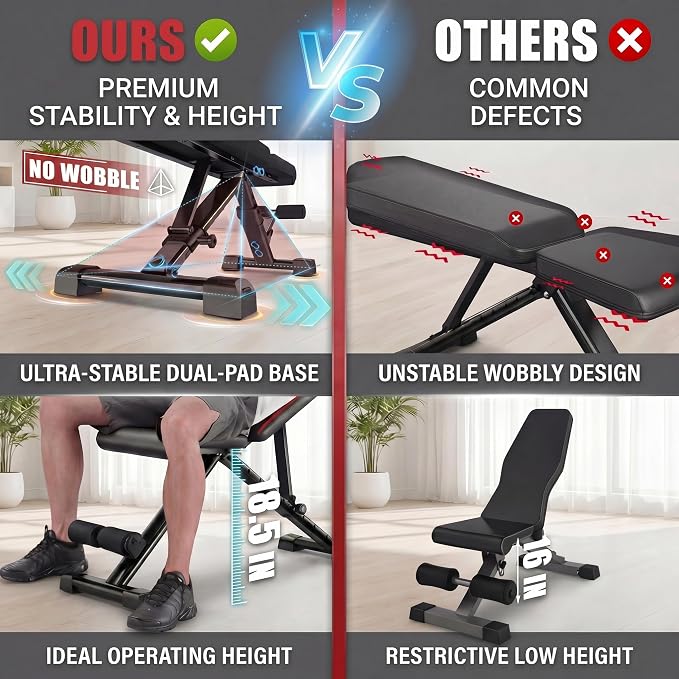 OPPSDECOR Adjustable Weight Bench, 900LBS Foldable Workout Bench | 8+4+2 Positions, 18.5in Seat Height, 20in Rear Base, Folds to 33x8x12in, Flat Incline Decline Bench Press, Under 1-Min Setup