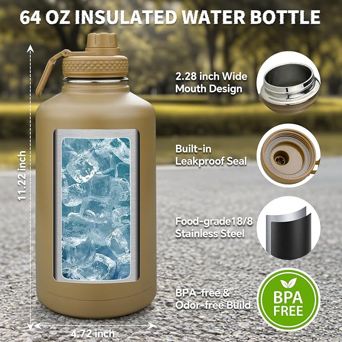 DEFUNX Half Gallon Water Bottle Insulated with Sleeve - Tactical 64 oz Stainless Steel Water Jug with MOLLE Water Bottle Pouch, Gym Water Bottles for Men Hiking Workout (Desert Digital Camo)